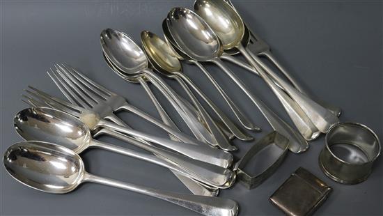 A late Victorian part matched service of silver Old English rat-tail pattern flatware, mostly crested and three other items,